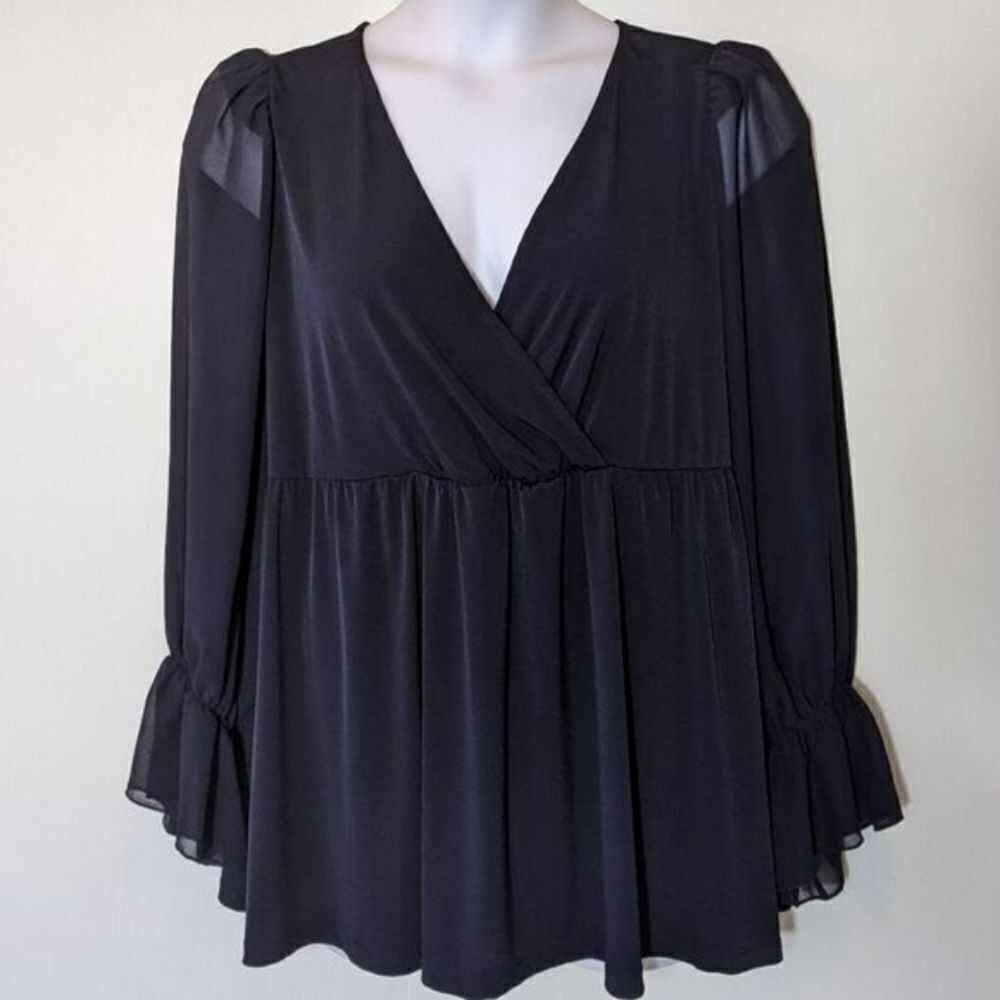 Whimsigoth Black Babydoll Blouse Top‎ Surplice Bodice Sheer Sleeves